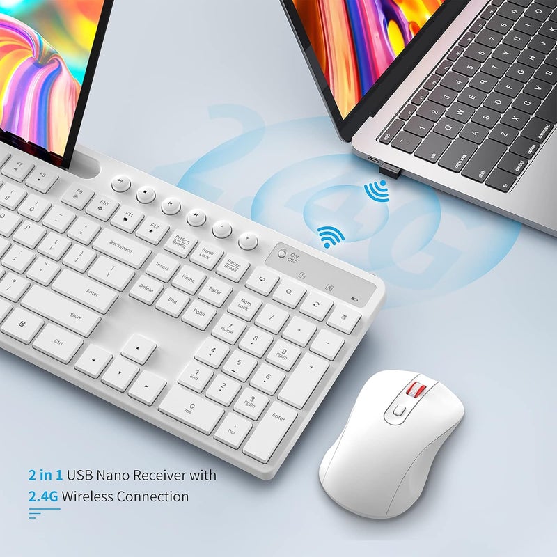 MARVO Wireless Keyboard and Mouse Combo, 2.4G Ergonomic Wireless Computer Keyboard with Phone Tablet Holder, Silent Mouse with 6 Button, Compatible with MacBook, Windows (White) - Image 5